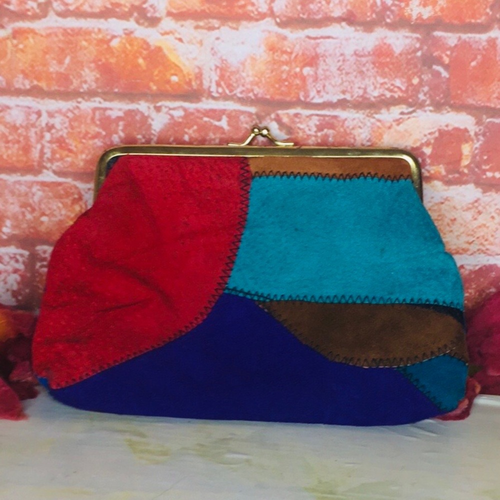 Vintage 70s Colorful Patchwork Kiss-lock Suede Clutch
